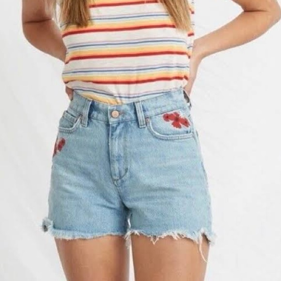 Marine Layer Pants - Marine Layer Light Blue Denim Shorts with Red Floral Embroidery